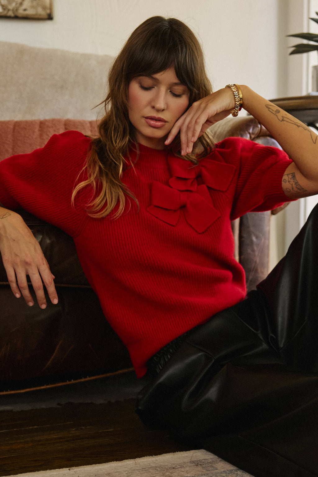 Bow Detail Puff Sleeve Mock Neck Sweater
