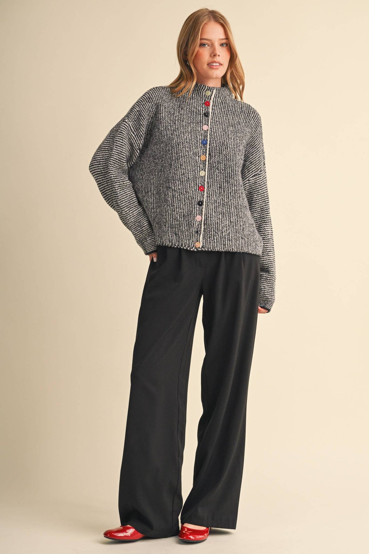 STRIPED SWEATER CARDIGAN WITH COLORFUL BUTTONS MSW11250