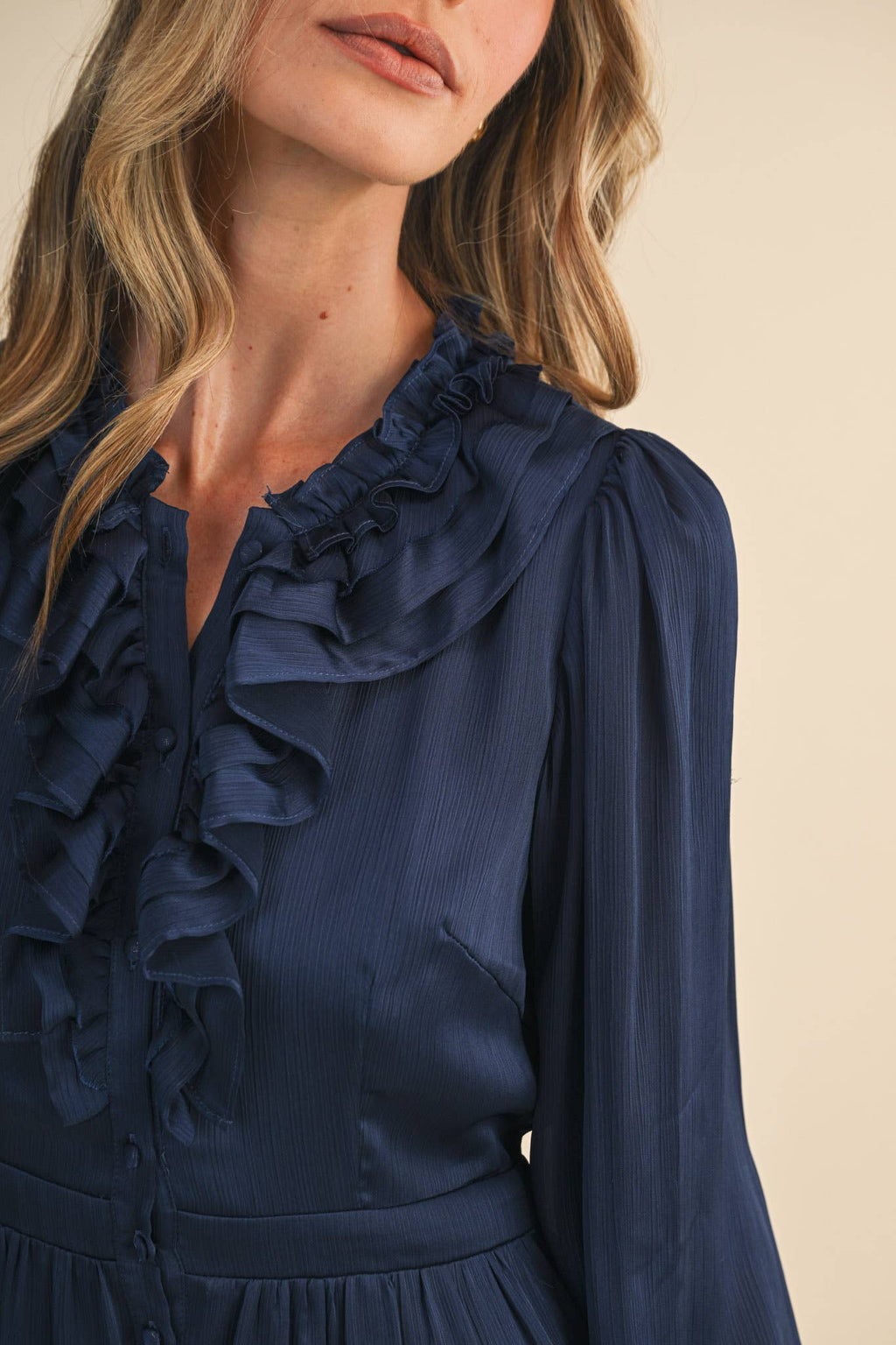 RUFFLE TIERED NECKLINE BUTTON DOWN MIDI DRESS MDR4199