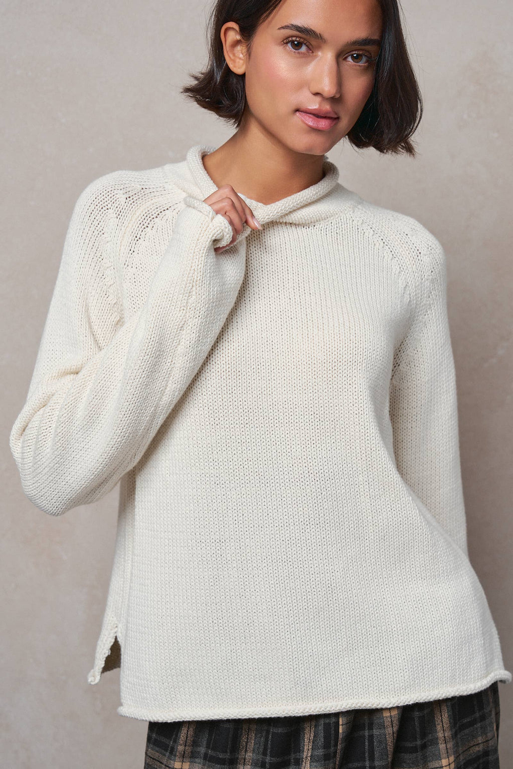 Striped Mock Neck Cotton Knit Sweater