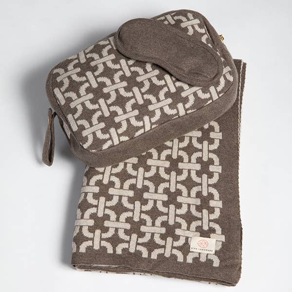 Chains Cotton Travel Blanket and Eye Mask Set Dark Brown