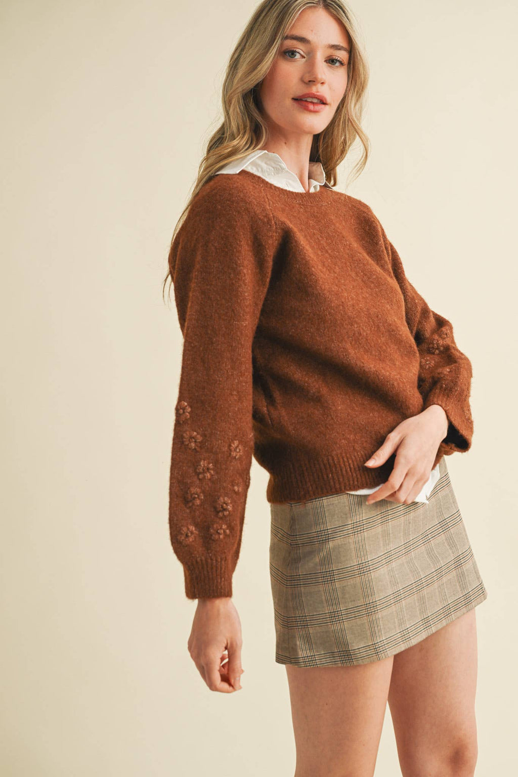 FLORAL KNIT PUFF SLEEVE SWEATER MSW10912