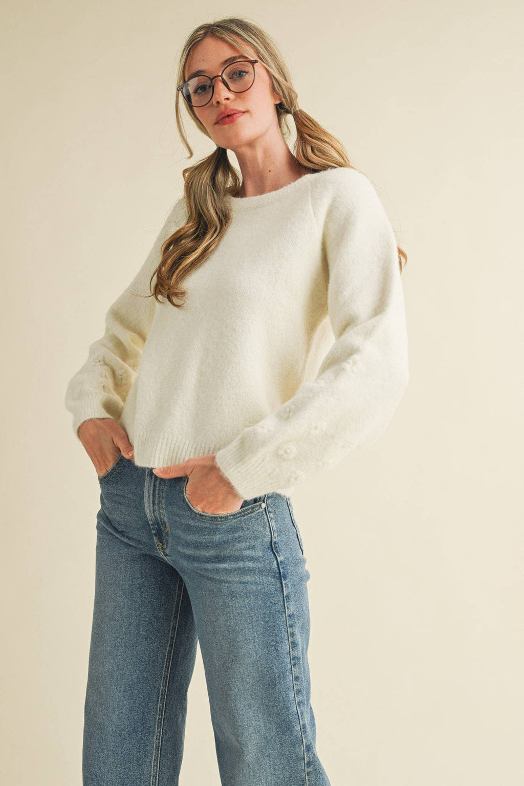 FLORAL KNIT PUFF SLEEVE SWEATER MSW10912