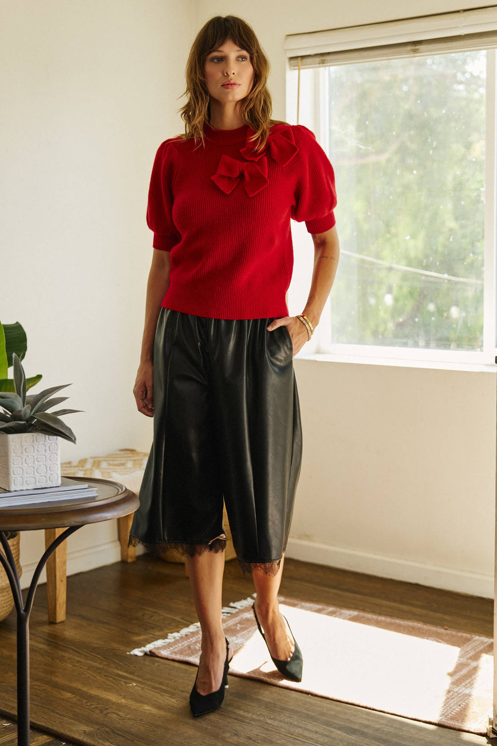 Bow Detail Puff Sleeve Mock Neck Sweater