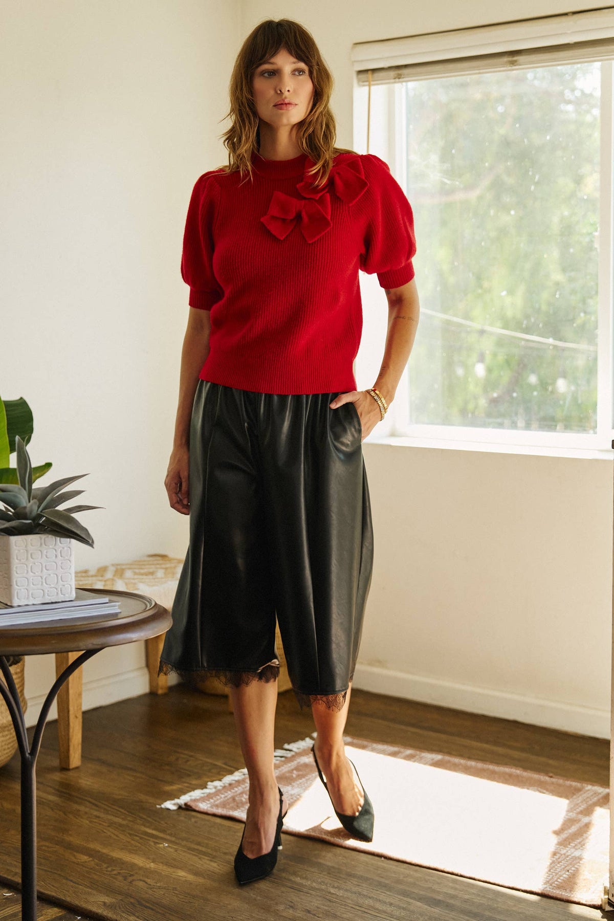 Bow Detail Puff Sleeve Mock Neck Sweater