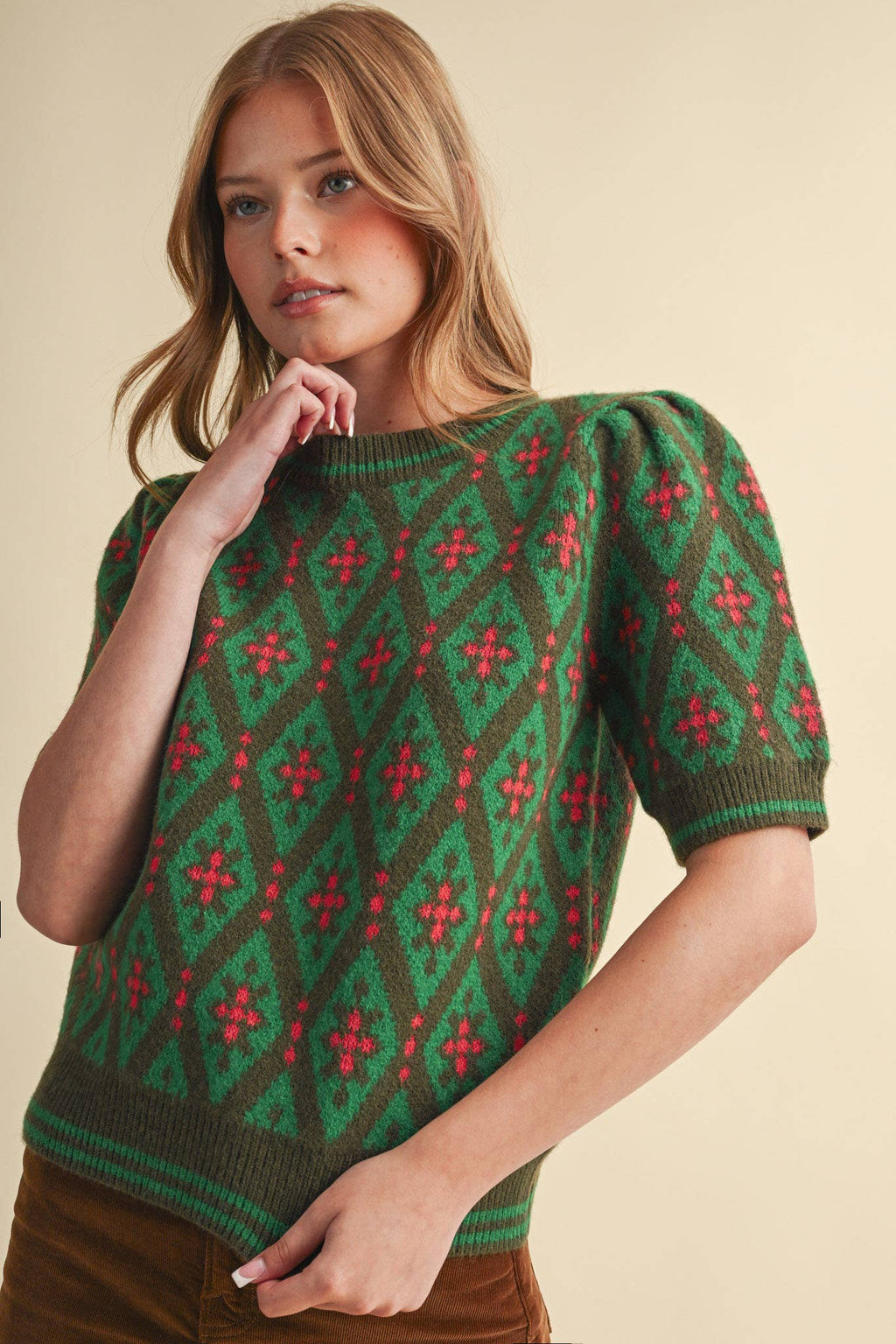 GEOMETRIC KNIT SHORT SLEEVE SWEATER MSW11653