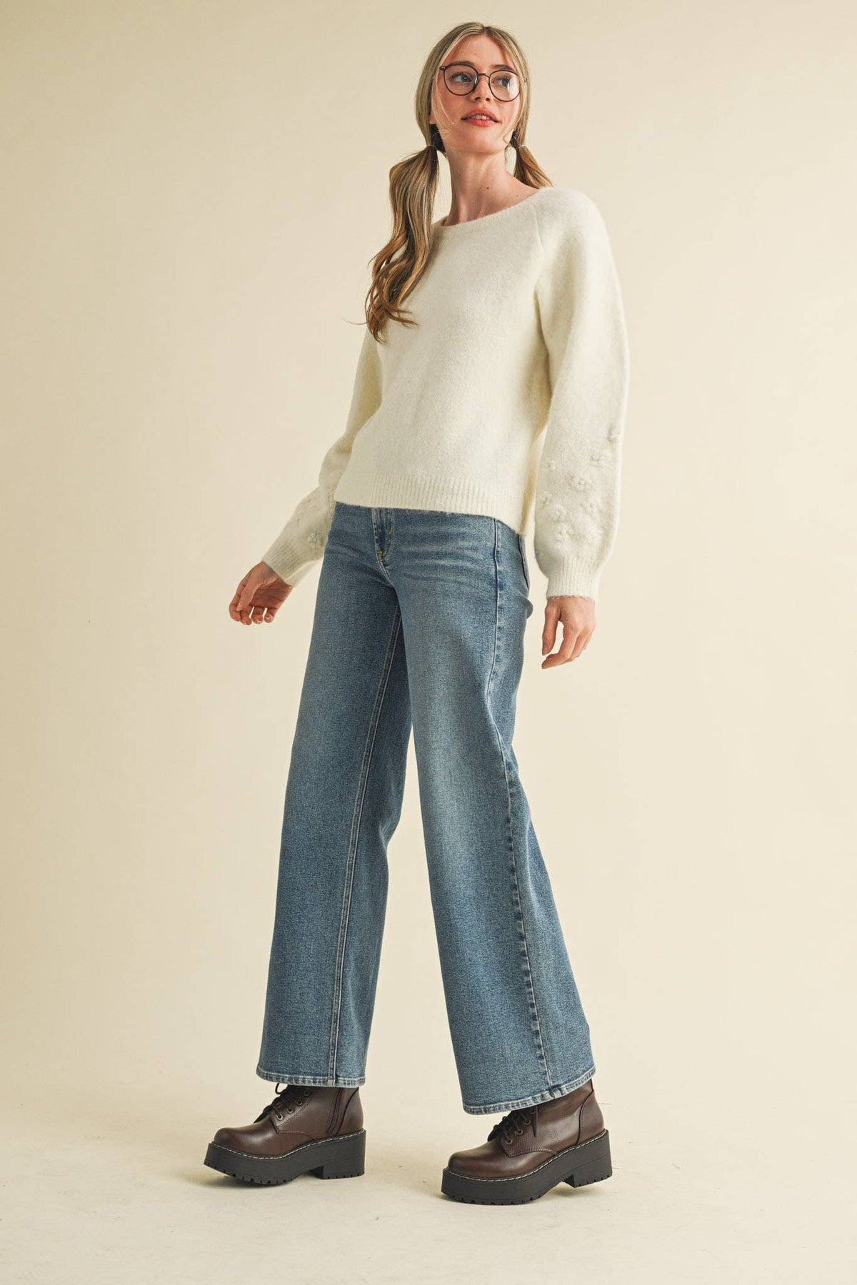 FLORAL KNIT PUFF SLEEVE SWEATER MSW10912