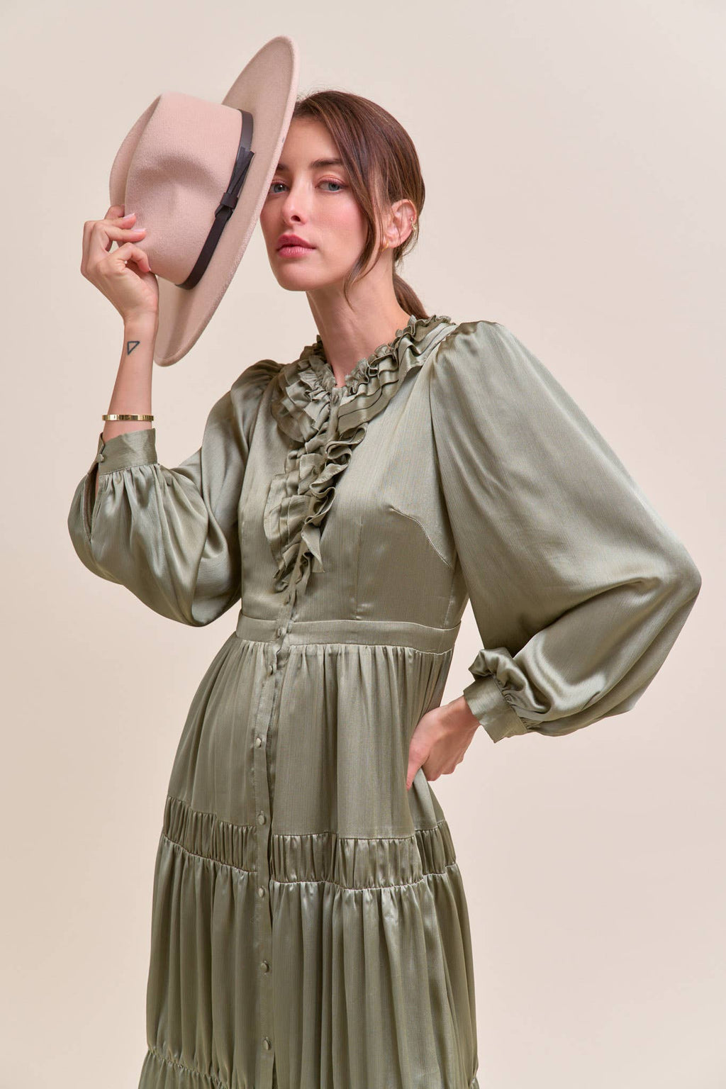 RUFFLE TIERED NECKLINE BUTTON DOWN MIDI DRESS MDR4199