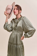 RUFFLE TIERED NECKLINE BUTTON DOWN MIDI DRESS MDR4199