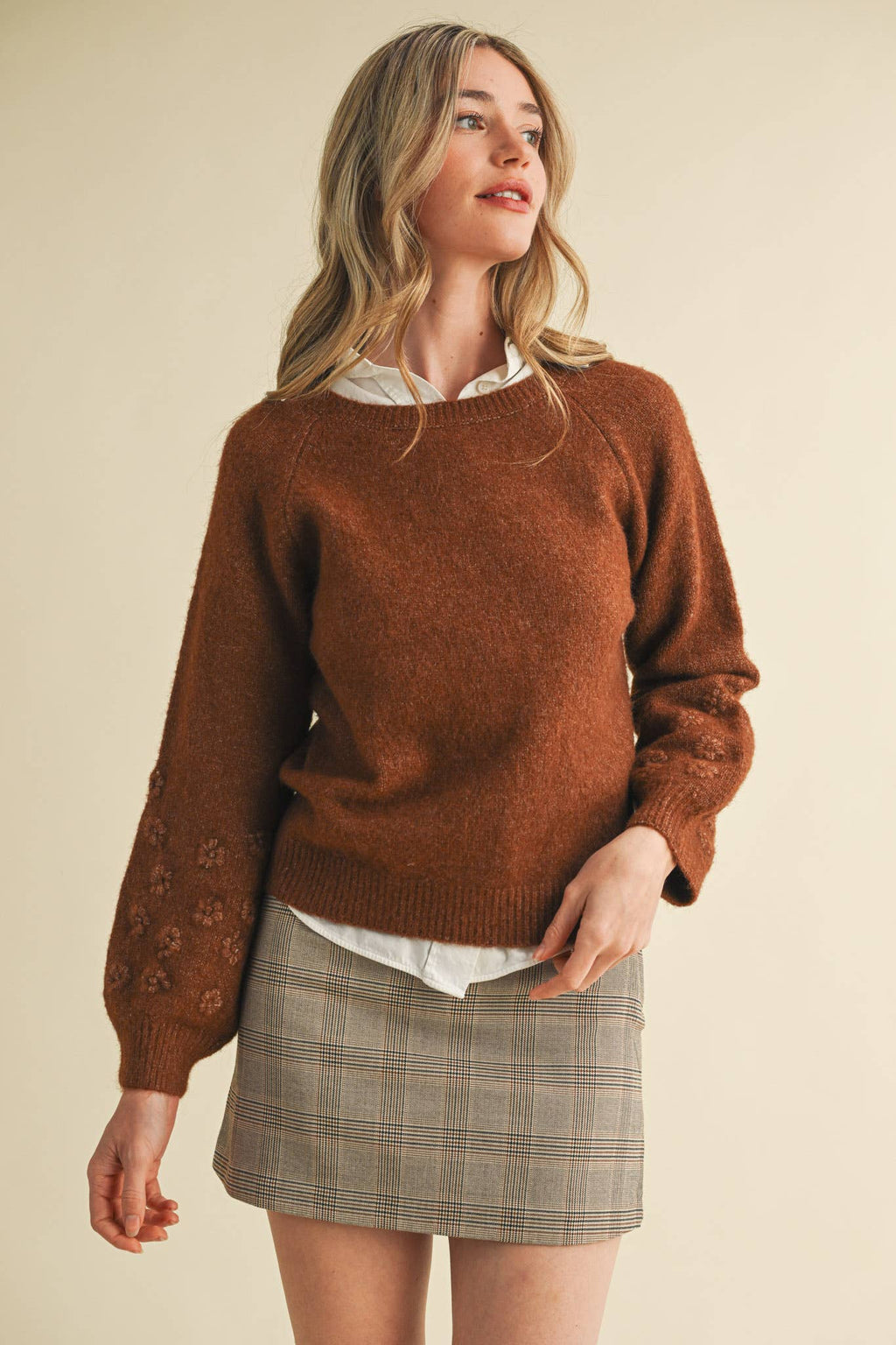 FLORAL KNIT PUFF SLEEVE SWEATER MSW10912