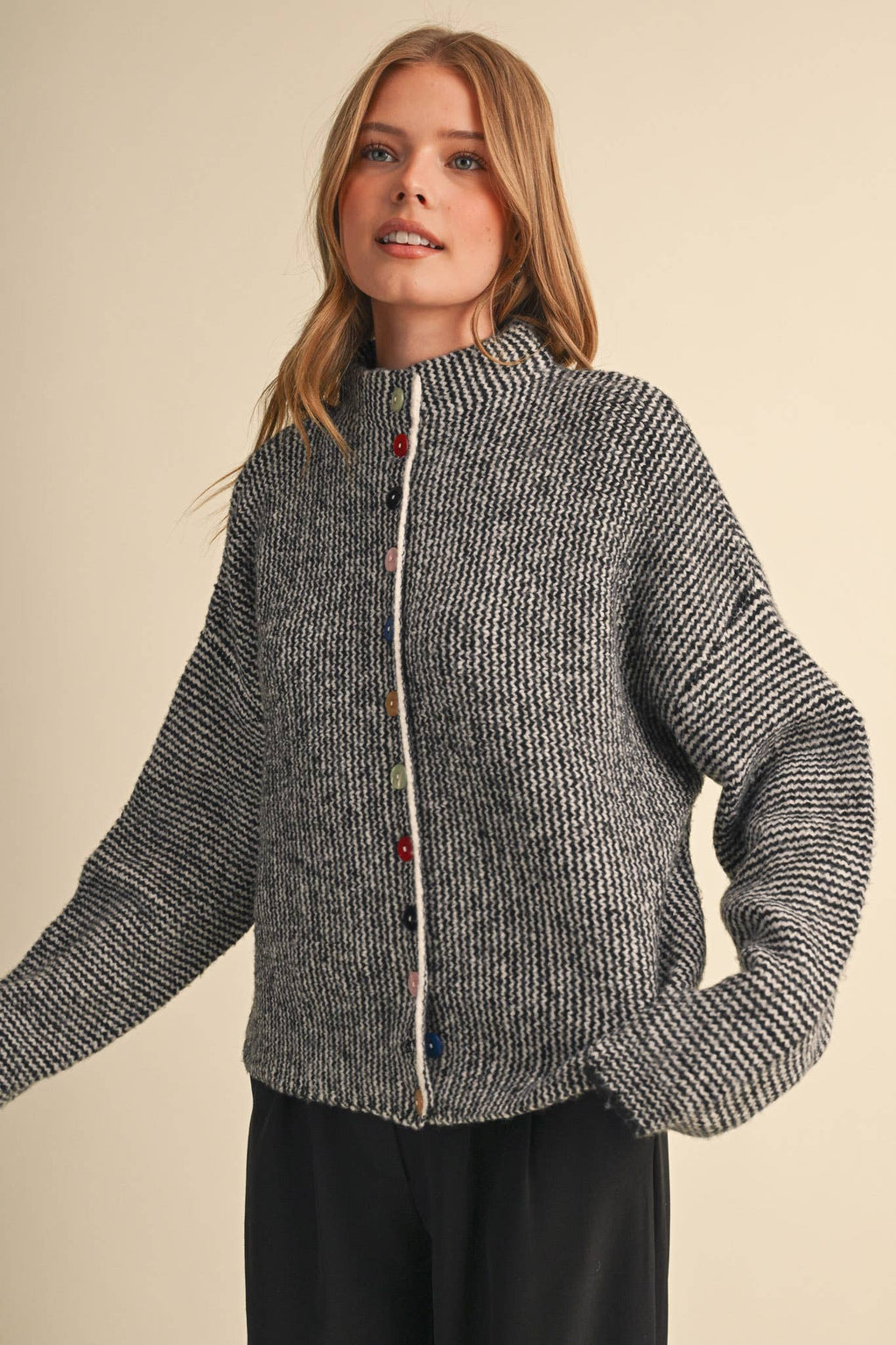 STRIPED SWEATER CARDIGAN WITH COLORFUL BUTTONS MSW11250