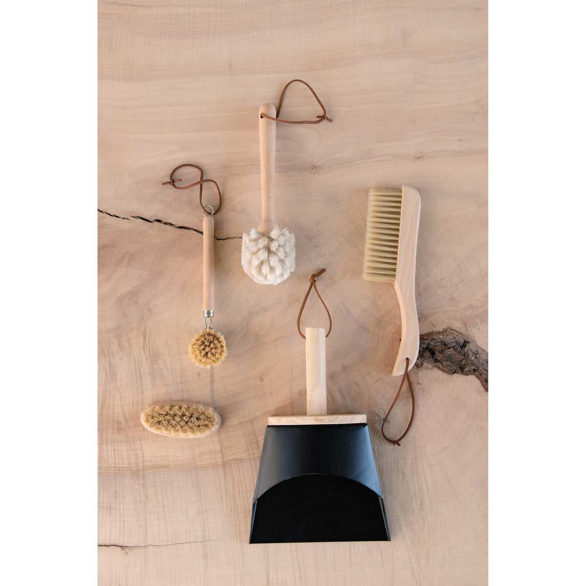 Beech Wood Dish Brush with Leather Strap, 10"L