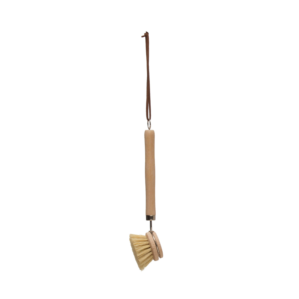 Beech Wood Dish Brush with Leather Strap, 9"L