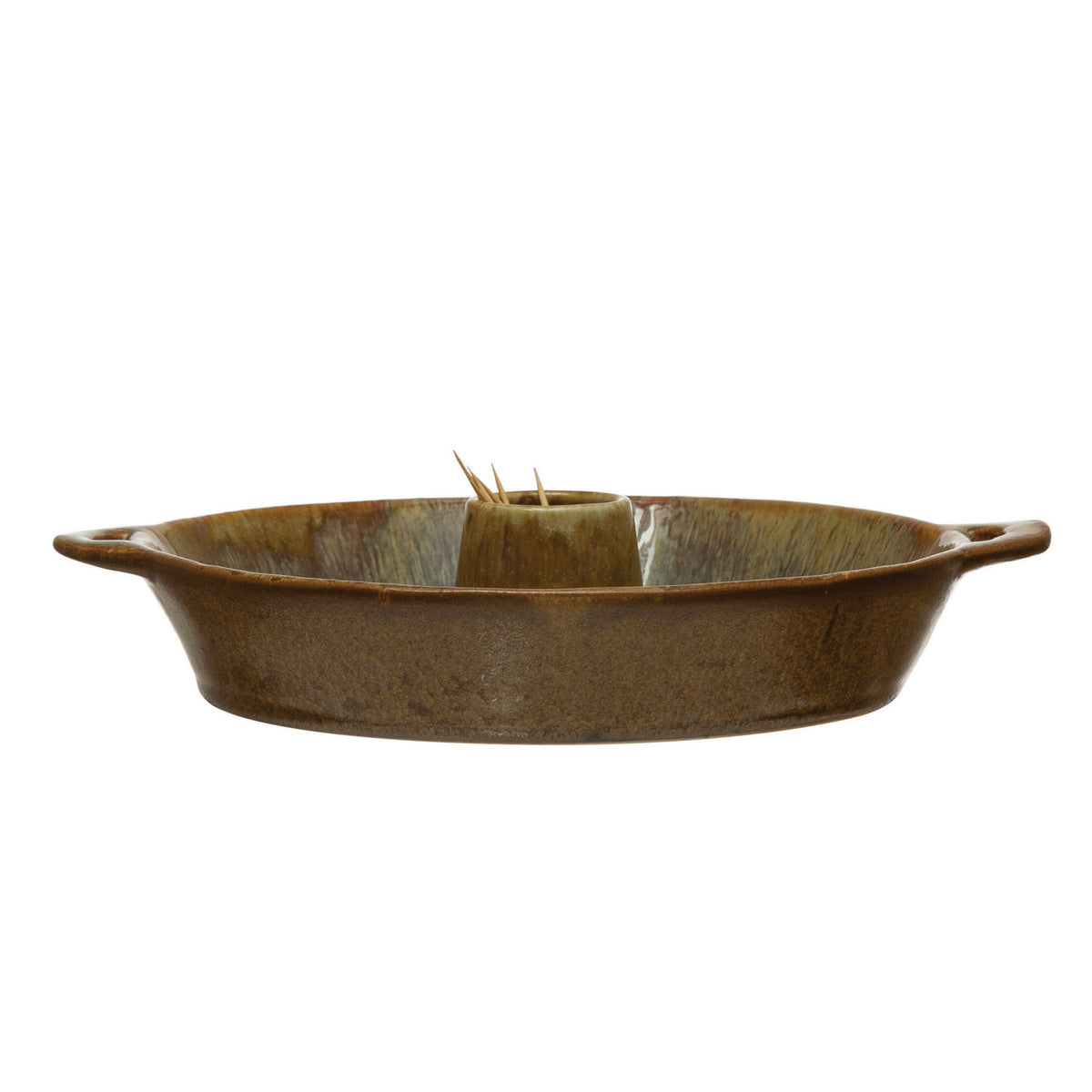 Stoneware Dish with Toothpick Holder with Glaze