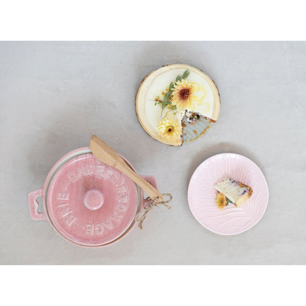 Stoneware Brie Baker with Bamboo Spreader, Pink