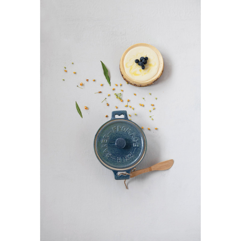 Stoneware Brie Baker with Bamboo Spreader, Blue