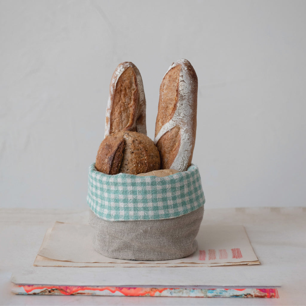 Hand-Woven Linen Bread Basket w/ Aqua Gingham Lining
