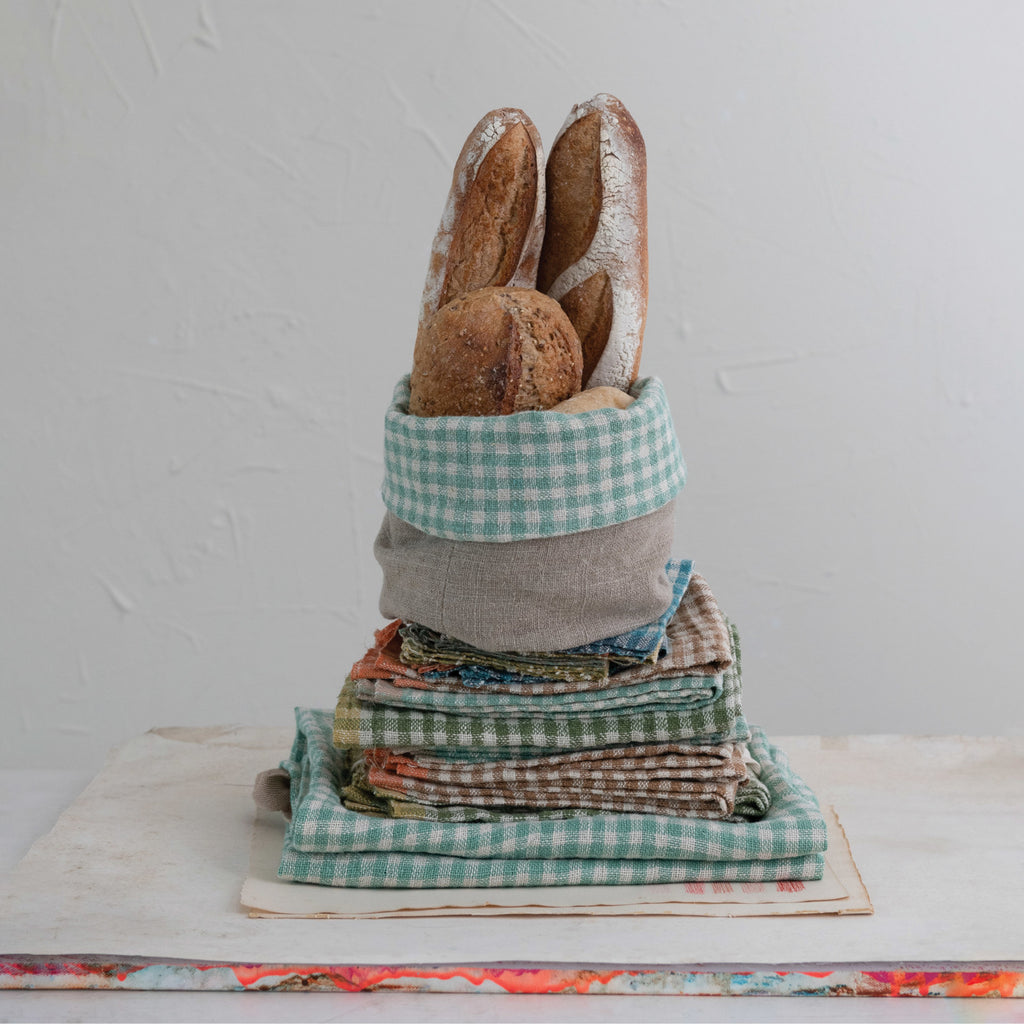 Hand-Woven Linen Bread Basket w/ Aqua Gingham Lining