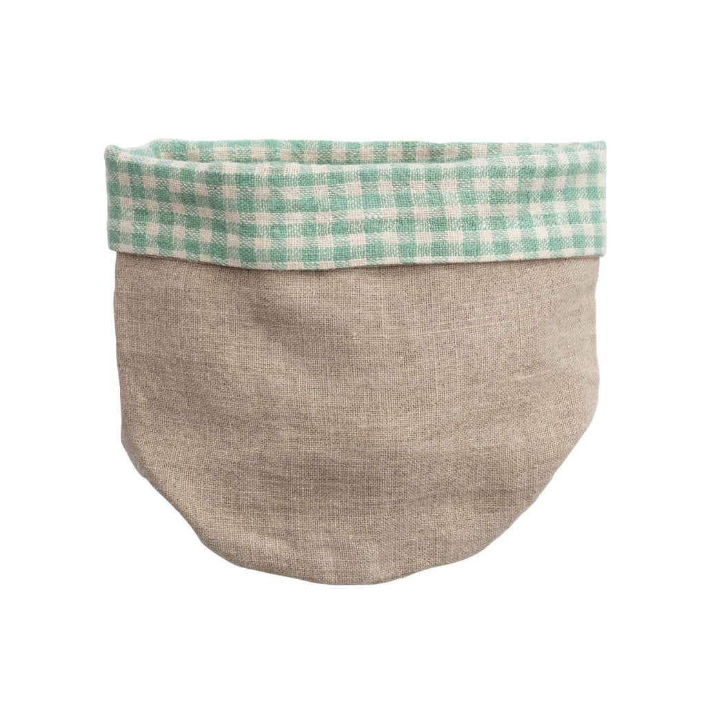 Hand-Woven Linen Bread Basket w/ Aqua Gingham Lining