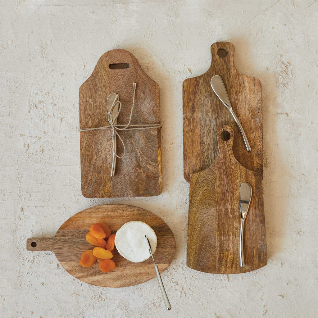 Mango Wood Cheese/Cutting Board w/ Handle & Canape Knife, 4 Styles, Set of 2