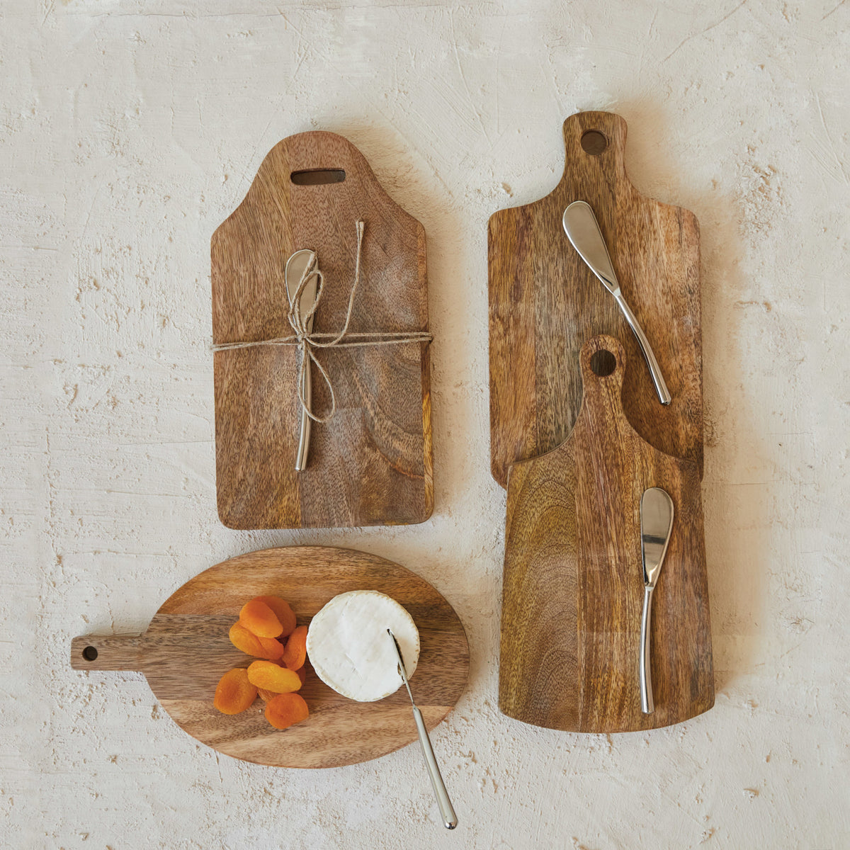 Mango Wood Cheese/Cutting Board w/ Handle & Canape Knife, 4 Styles, Set of 2