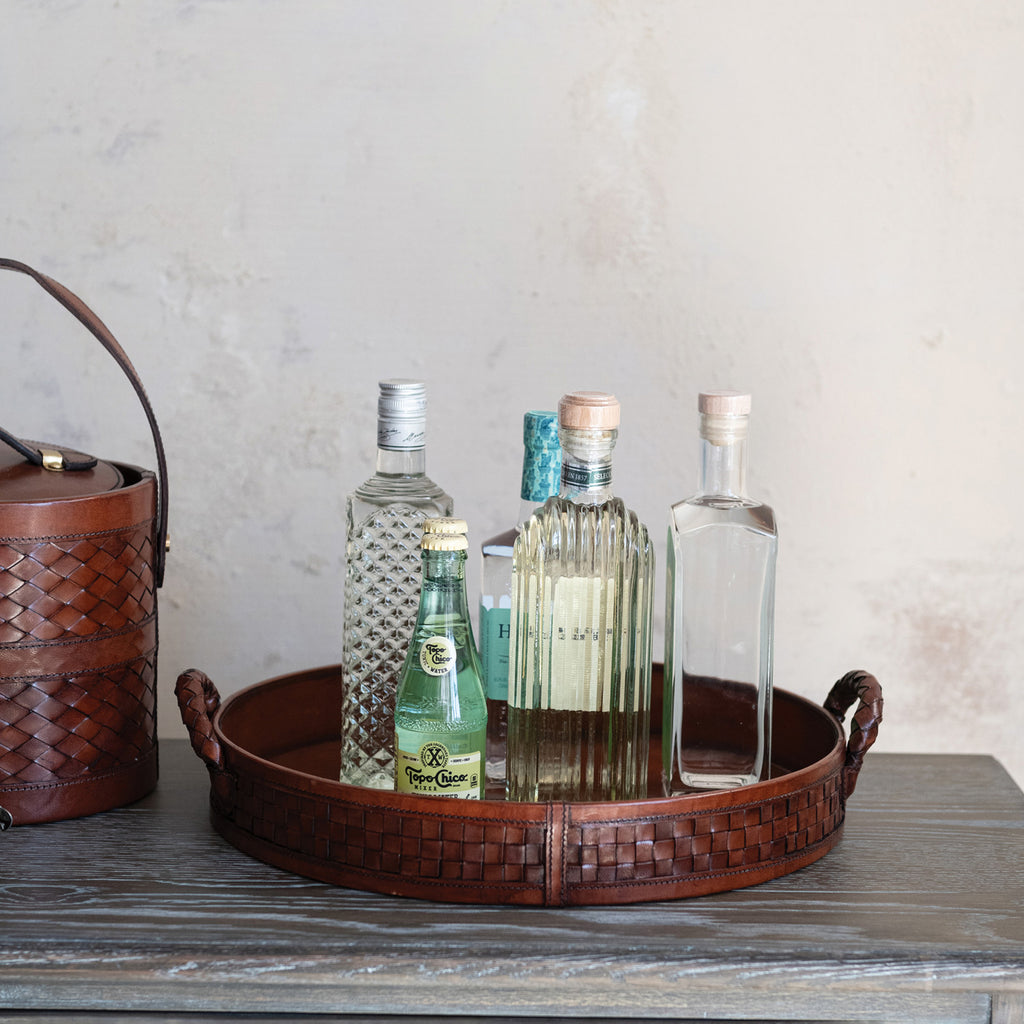Decorative MDF & Woven Leather Tray with Braided Handles