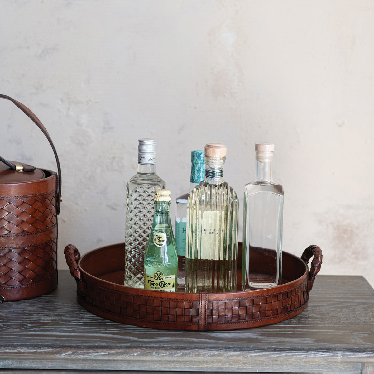 Decorative MDF & Woven Leather Tray with Braided Handles