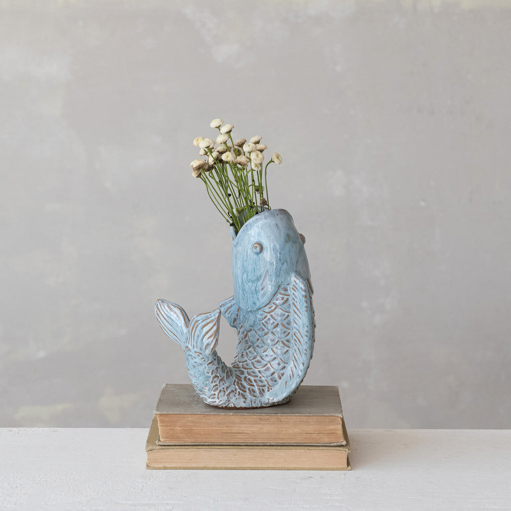 Stoneware Fish Shaped Vase, Reactive Glaze (Each One Will Vary)