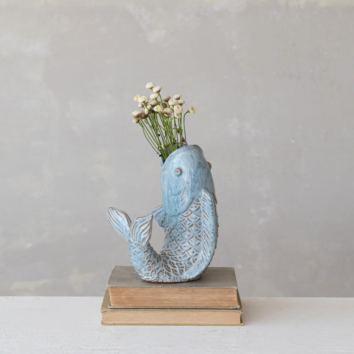 Stoneware Fish Shaped Vase, Reactive Glaze (Each One Will Vary)