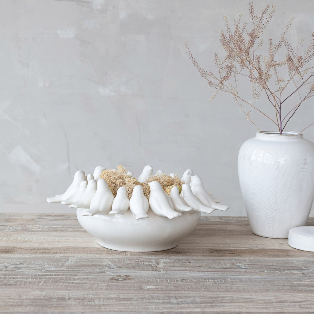 Decorative Stoneware Bowl/Planter with 3D Birds on Rim
