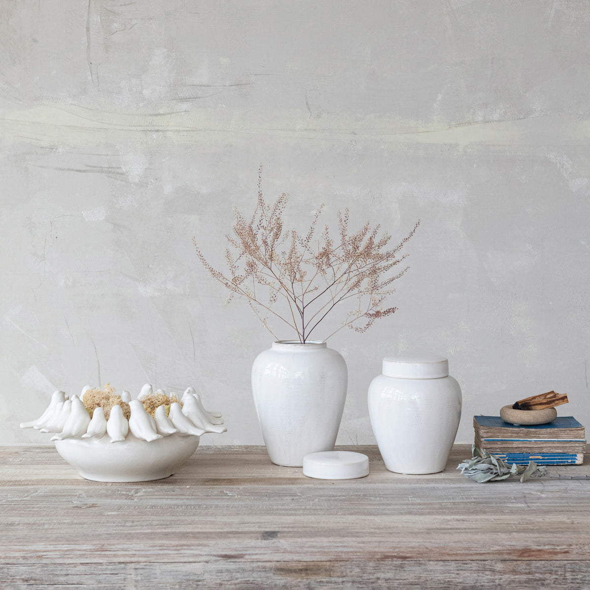 Decorative Stoneware Bowl/Planter with 3D Birds on Rim