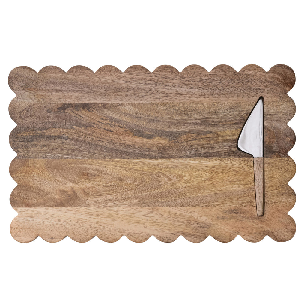 Mango Wood Scalloped Cheese/Serving Board w/ Stainless Steel Cheese Knife, Set of 2