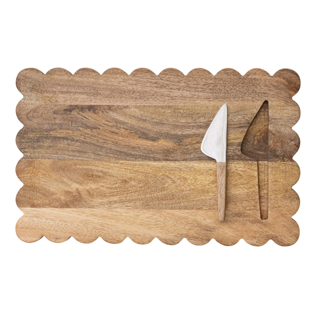 Mango Wood Scalloped Cheese/Serving Board w/ Stainless Steel Cheese Knife, Set of 2