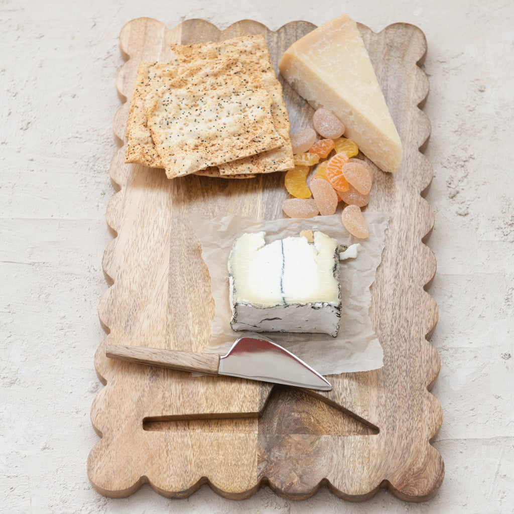 Mango Wood Scalloped Cheese/Serving Board w/ Stainless Steel Cheese Knife, Set of 2