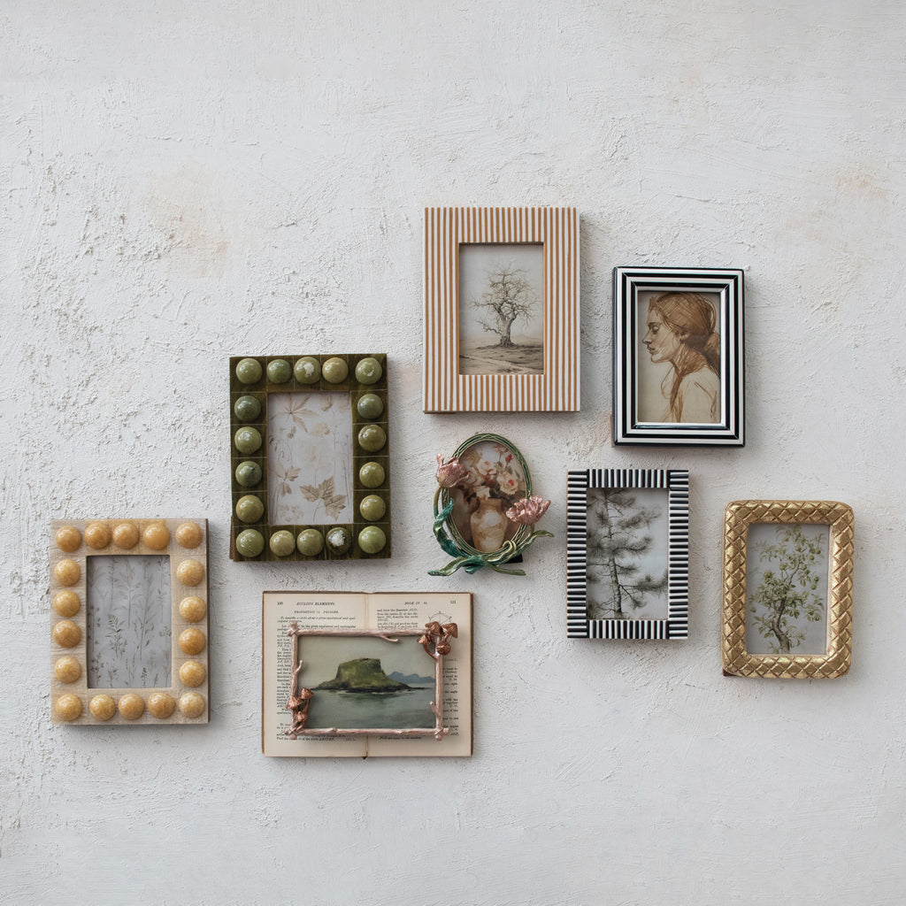 Carved Mango Wood Photo Frame w/ Diamond Pattern, Gold Foil Finish (Holds 4" x 6" Photo)