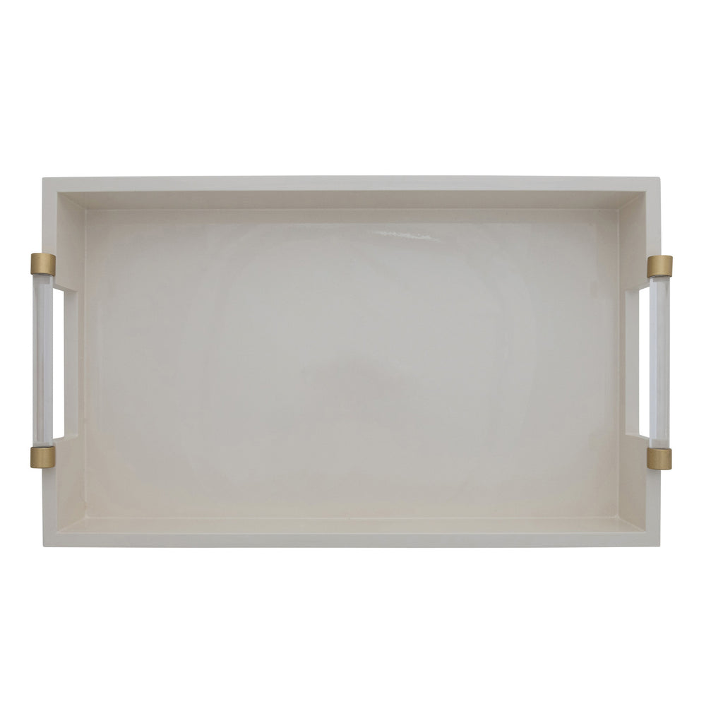 MDF Lacquered Tray w/ Acrylic & Metal Handles, Gold Finish & Cream Color