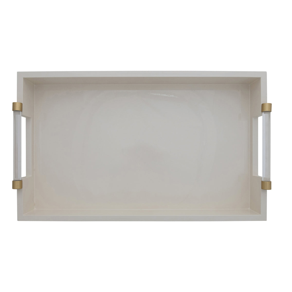 MDF Lacquered Tray w/ Acrylic & Metal Handles, Gold Finish & Cream Color