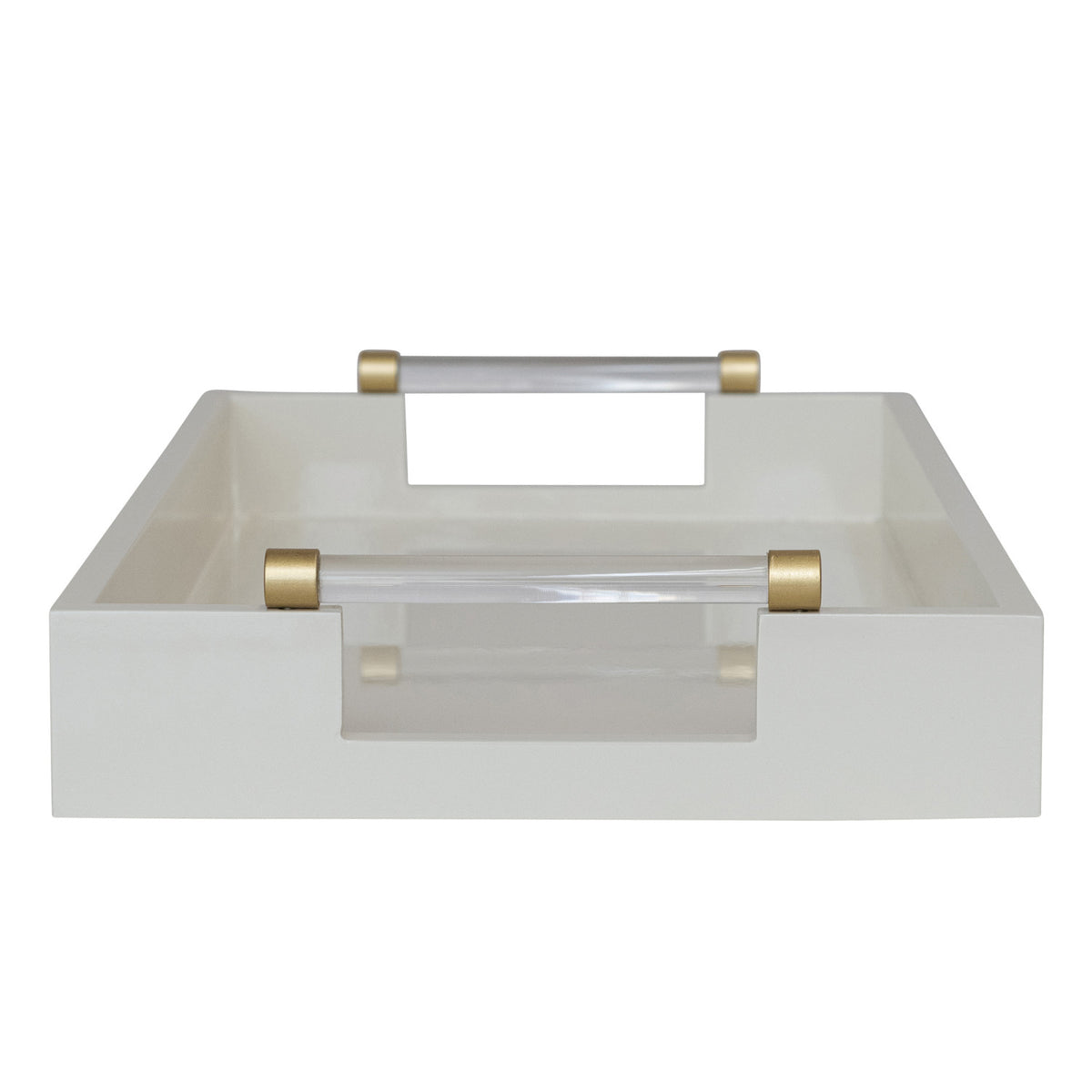 MDF Lacquered Tray w/ Acrylic & Metal Handles, Gold Finish & Cream Color