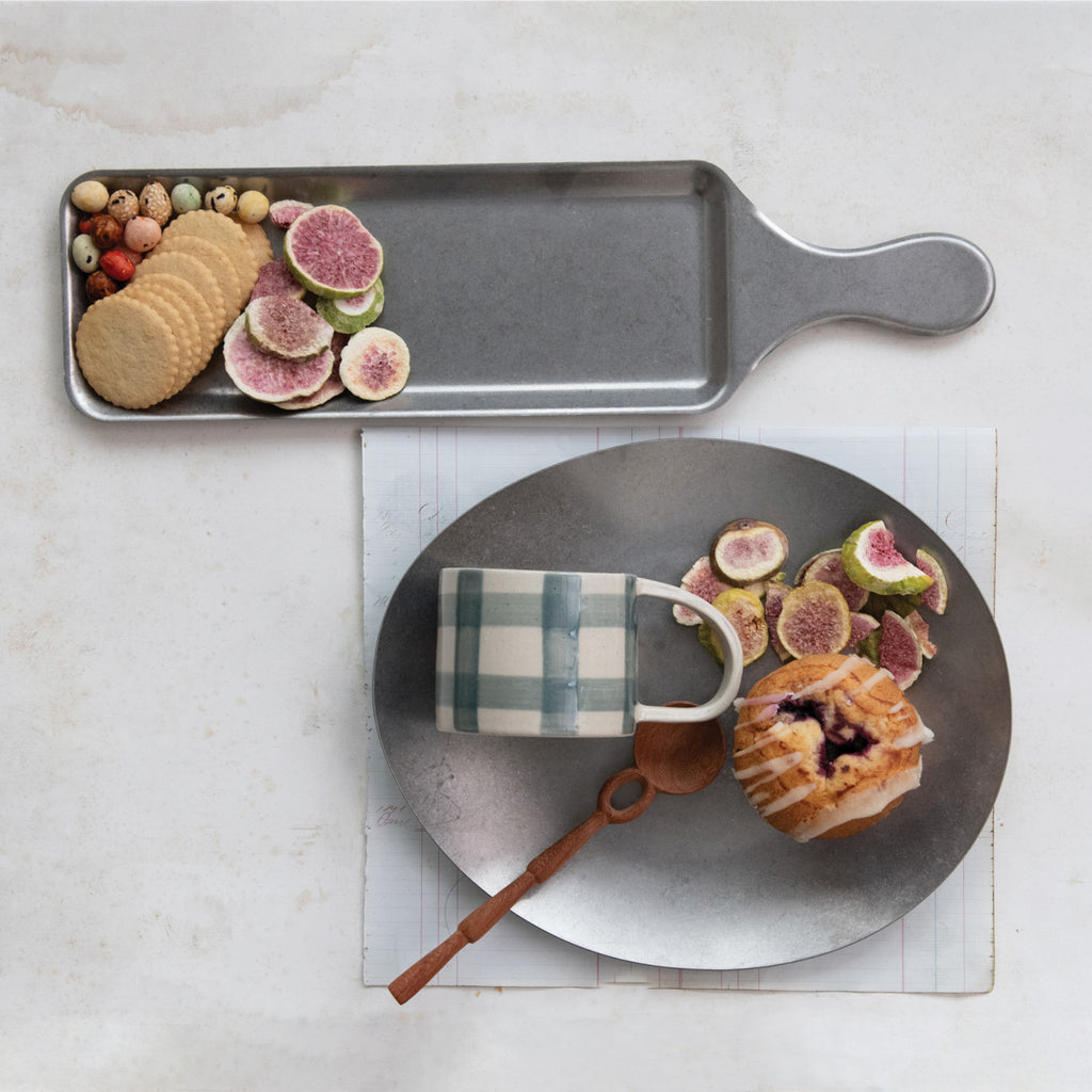 Stainless Steel Serving Tray w/ Handle, Brushed Pewter Finish