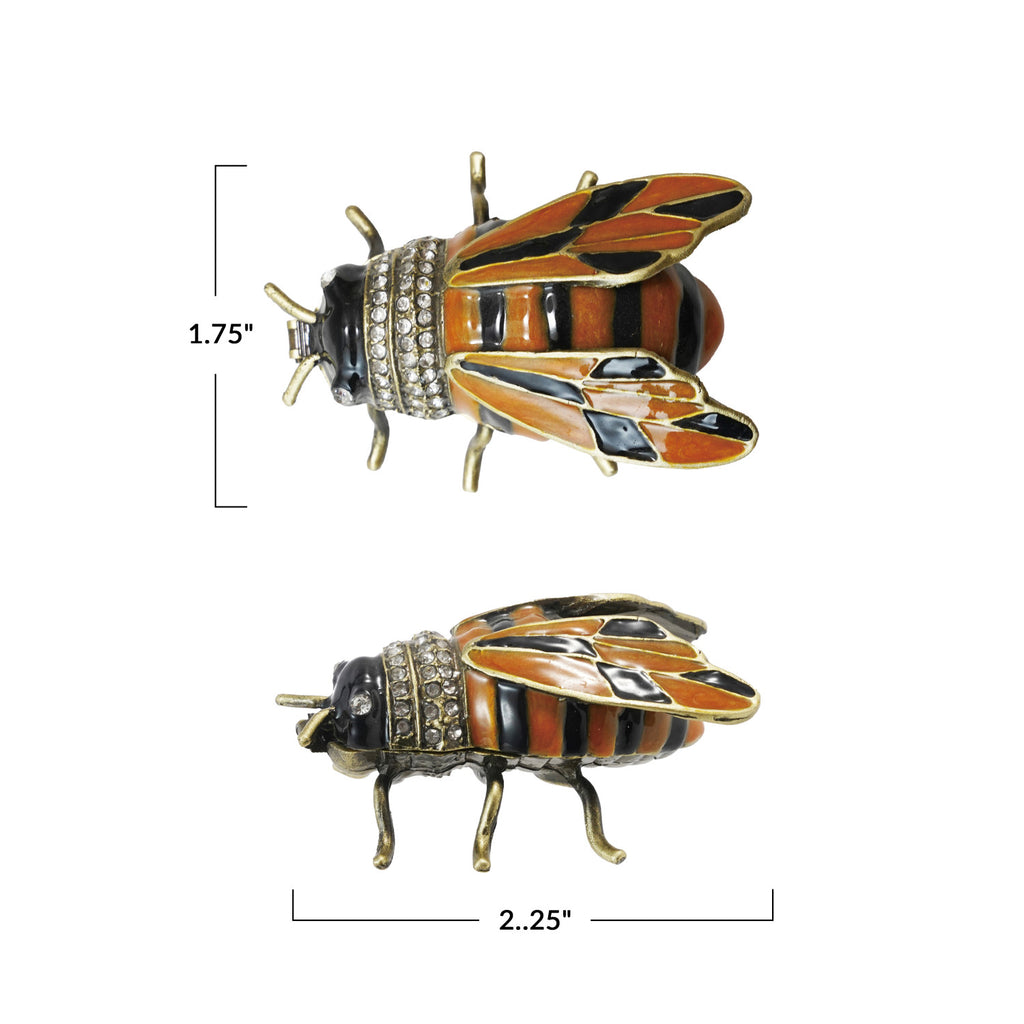 Enameled Metal Bee Shaped Trinket Box w/ Jewels, Gold Finish, Orange Color & Black