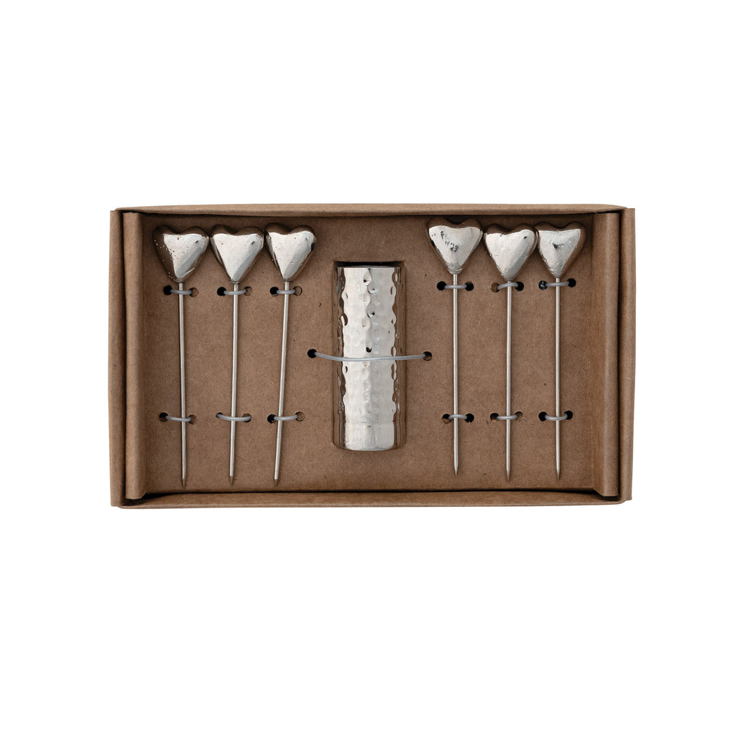 Aluminum Holder with (6) Stainless Steel Appetizer Picks with Heart Handles