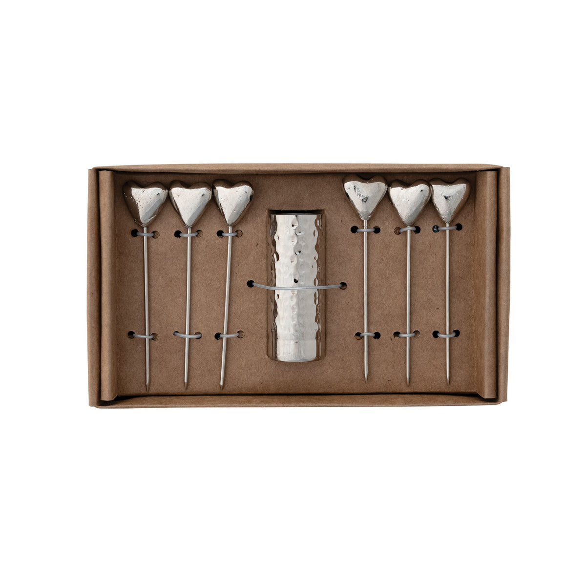 Aluminum Holder with (6) Stainless Steel Appetizer Picks with Heart Handles