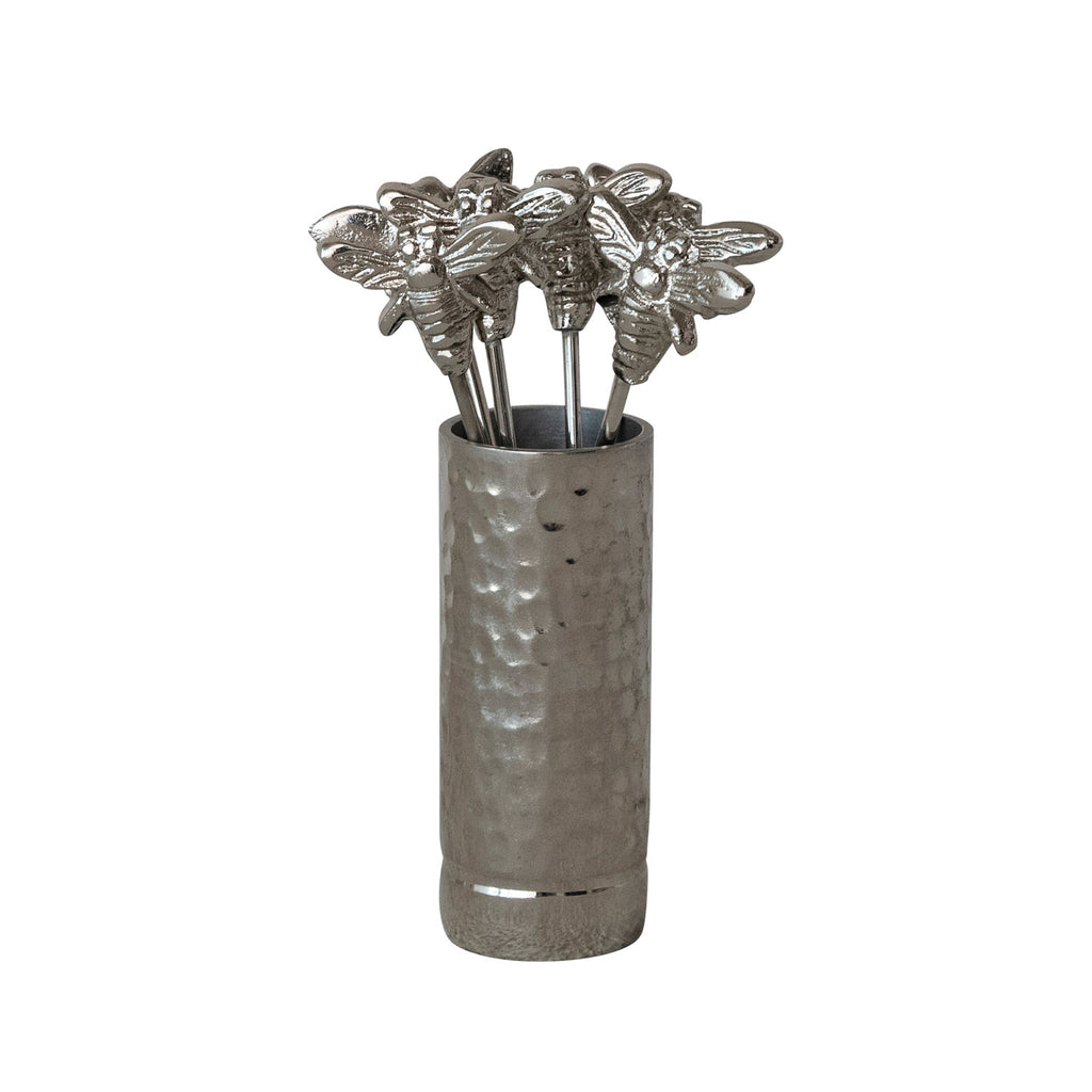 Aluminum Holder with (6) Stainless Steel Appetizer Picks with Bee Handles