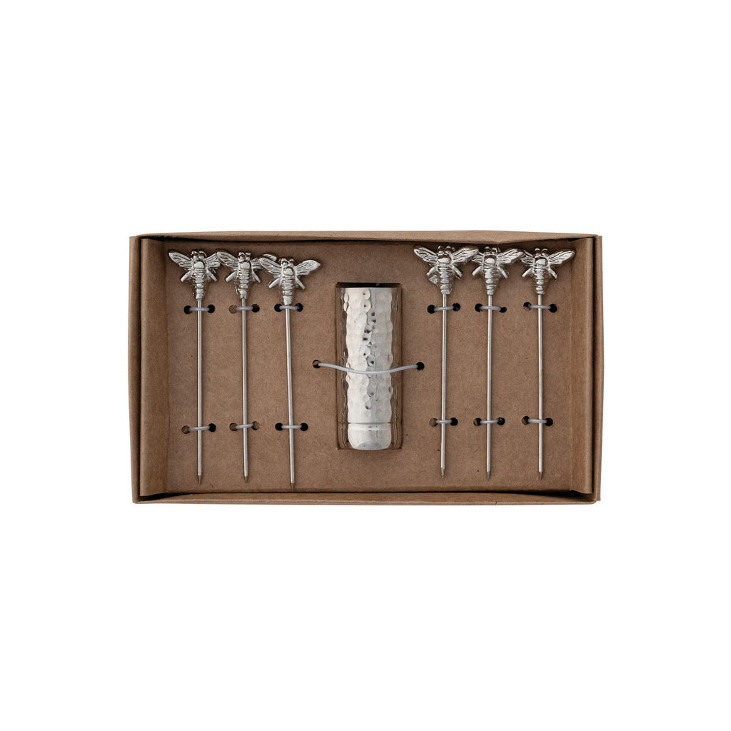 Aluminum Holder with (6) Stainless Steel Appetizer Picks with Bee Handles
