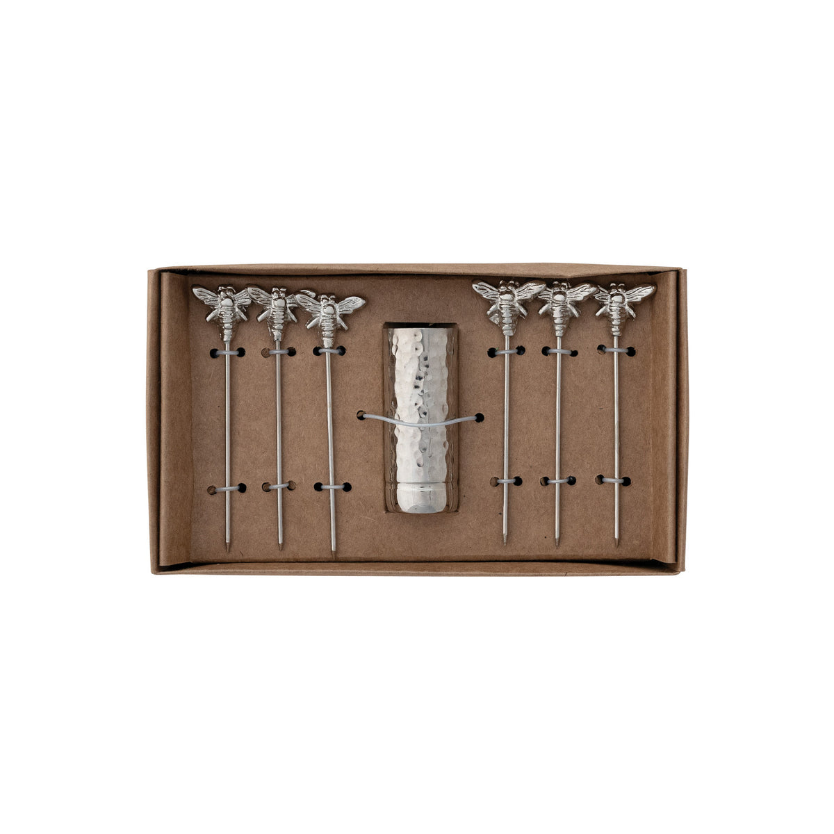 Aluminum Holder with (6) Stainless Steel Appetizer Picks with Bee Handles