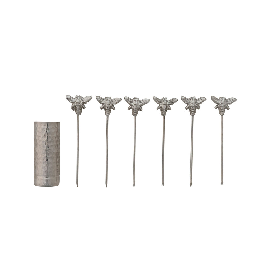 Aluminum Holder with (6) Stainless Steel Appetizer Picks with Bee Handles