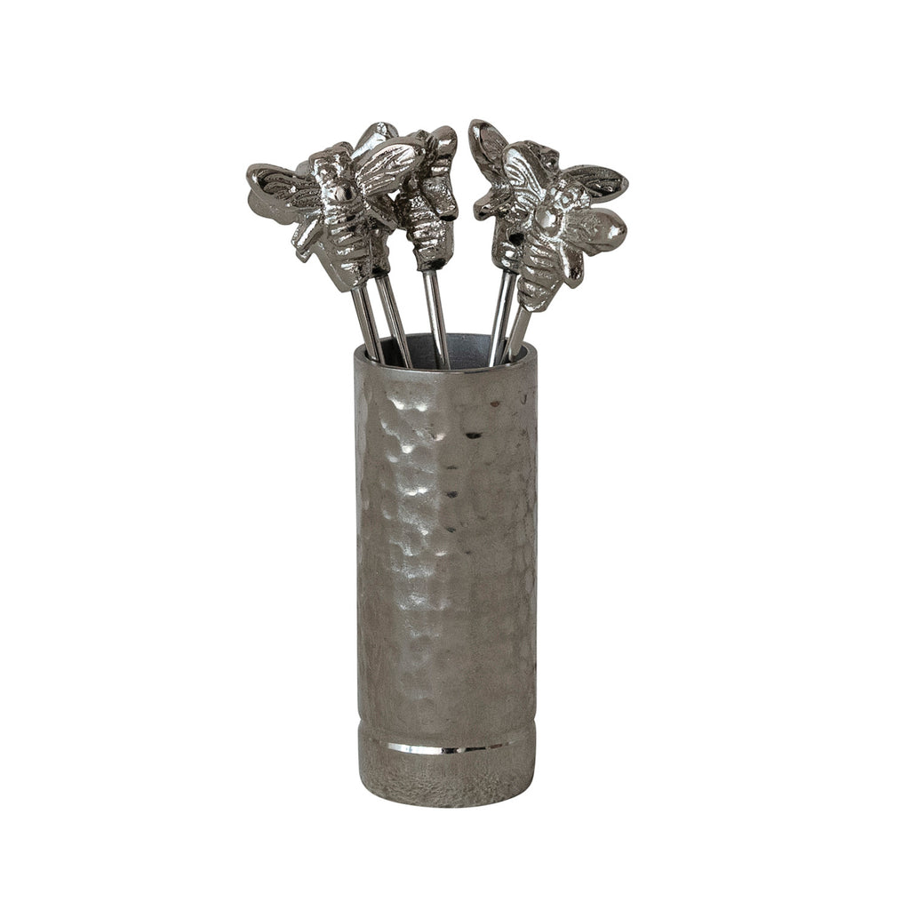 Aluminum Holder with (6) Stainless Steel Appetizer Picks with Bee Handles