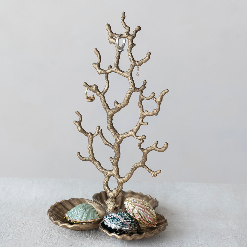 Metal Coral Shaped Jewelry Holder with Shell Shaped Base & 3 Sections, Antique Brass Finish