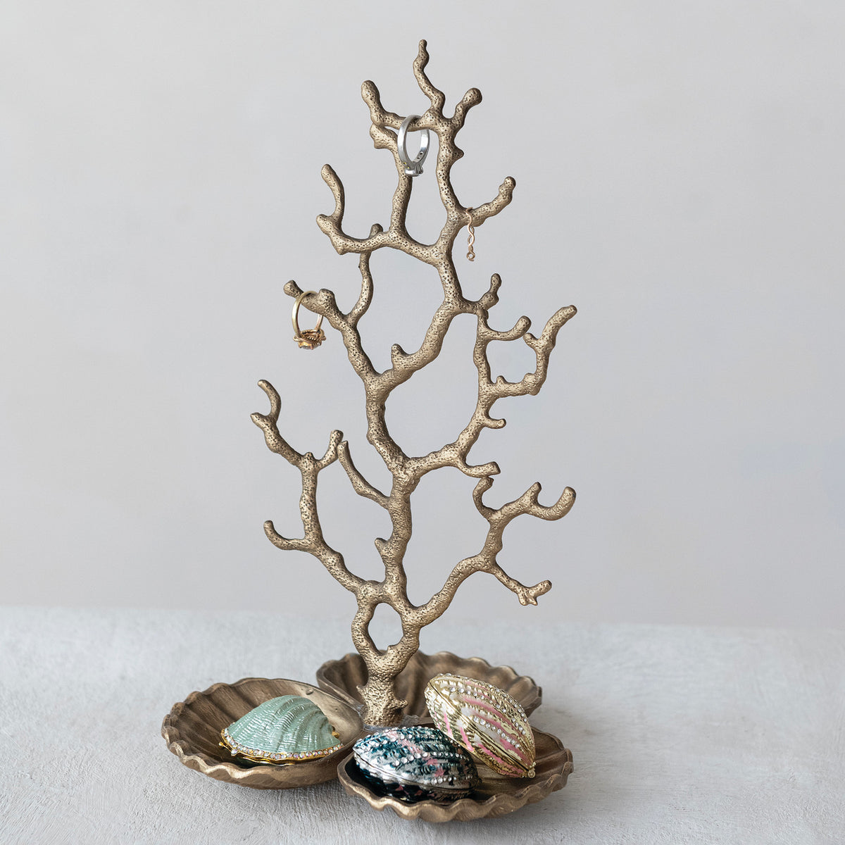Metal Coral Shaped Jewelry Holder with Shell Shaped Base & 3 Sections, Antique Brass Finish