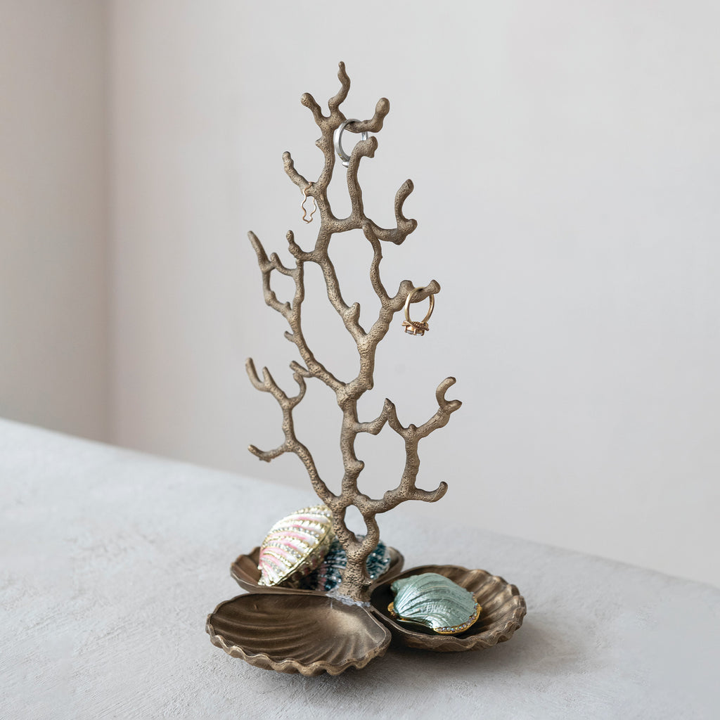 Metal Coral Shaped Jewelry Holder with Shell Shaped Base & 3 Sections, Antique Brass Finish